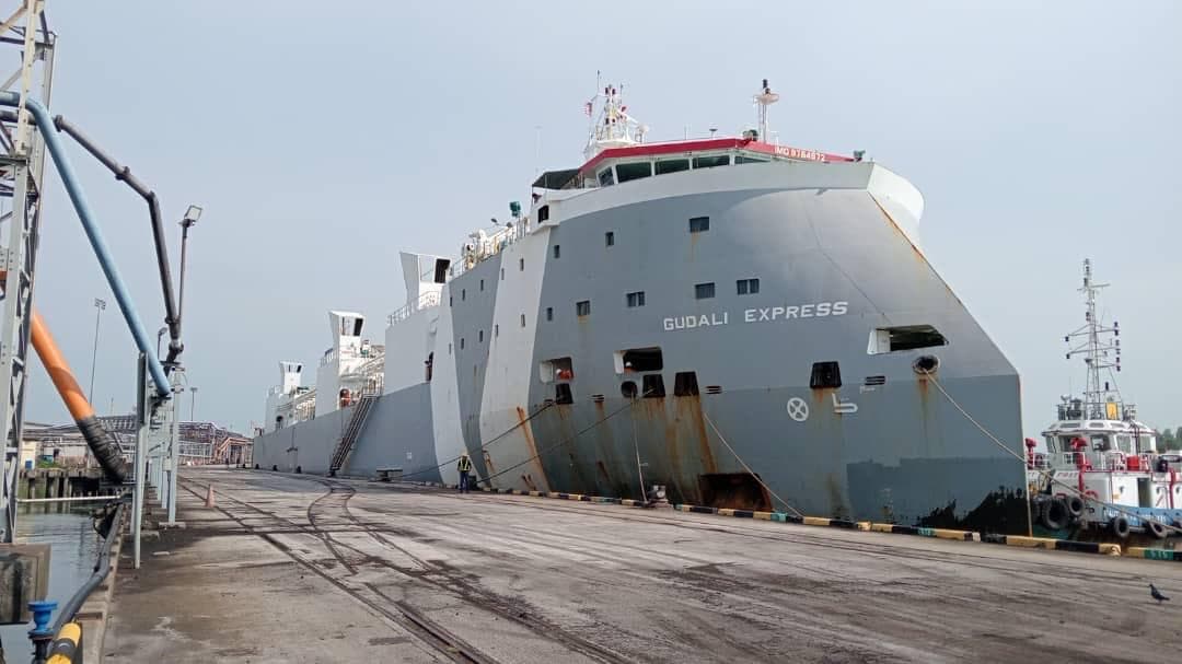 Livestock export vessel docked and loading at port