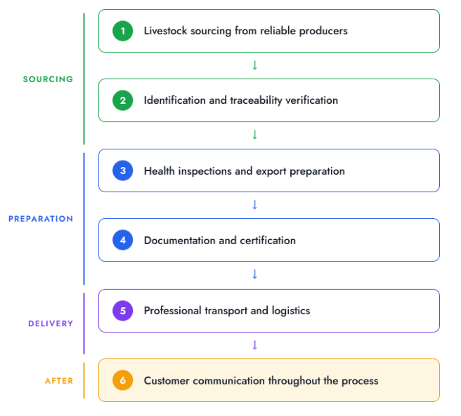 Quality assurance process: sourcing, traceability, health inspection, documentation, transport, customer communication